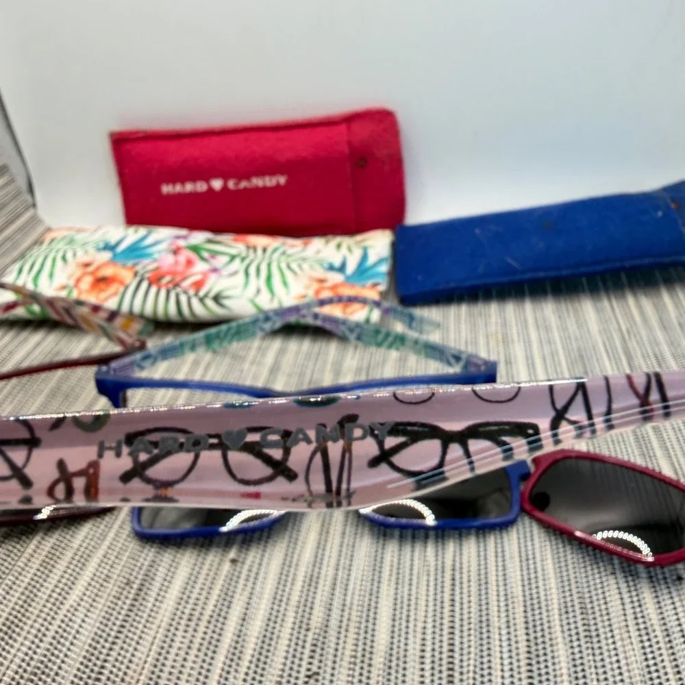 Hard Candy Reading Glasses Set 3 Pairs +1.50 Magnetic Sun Clips Cases Blue Pink